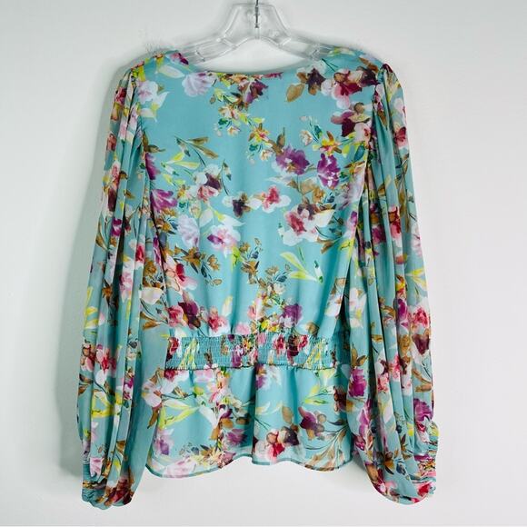Sam & Jess blue pink floral boho chiffon blouse large - Picture 9 of 9